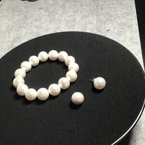 White Shell Pearl Stretch Bracelet & Stud Earrings-Rhodium Over Sterling Silver